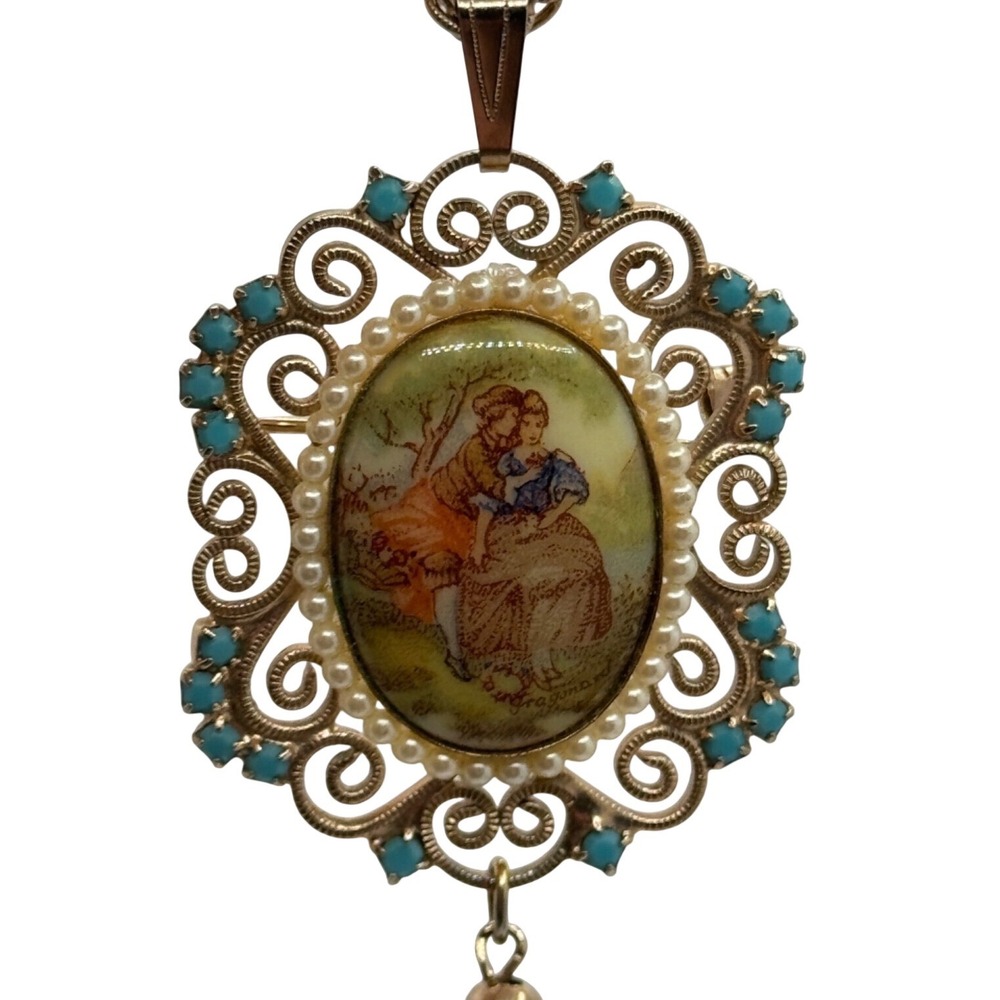 Vintage Courting Couple Porcelain Gold Tone Tassel Pendant Necklace
